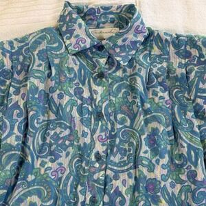 Schrader Vintage Paisley Midi Shirt Dress 8 Blue Green Pockets Button Front 80s